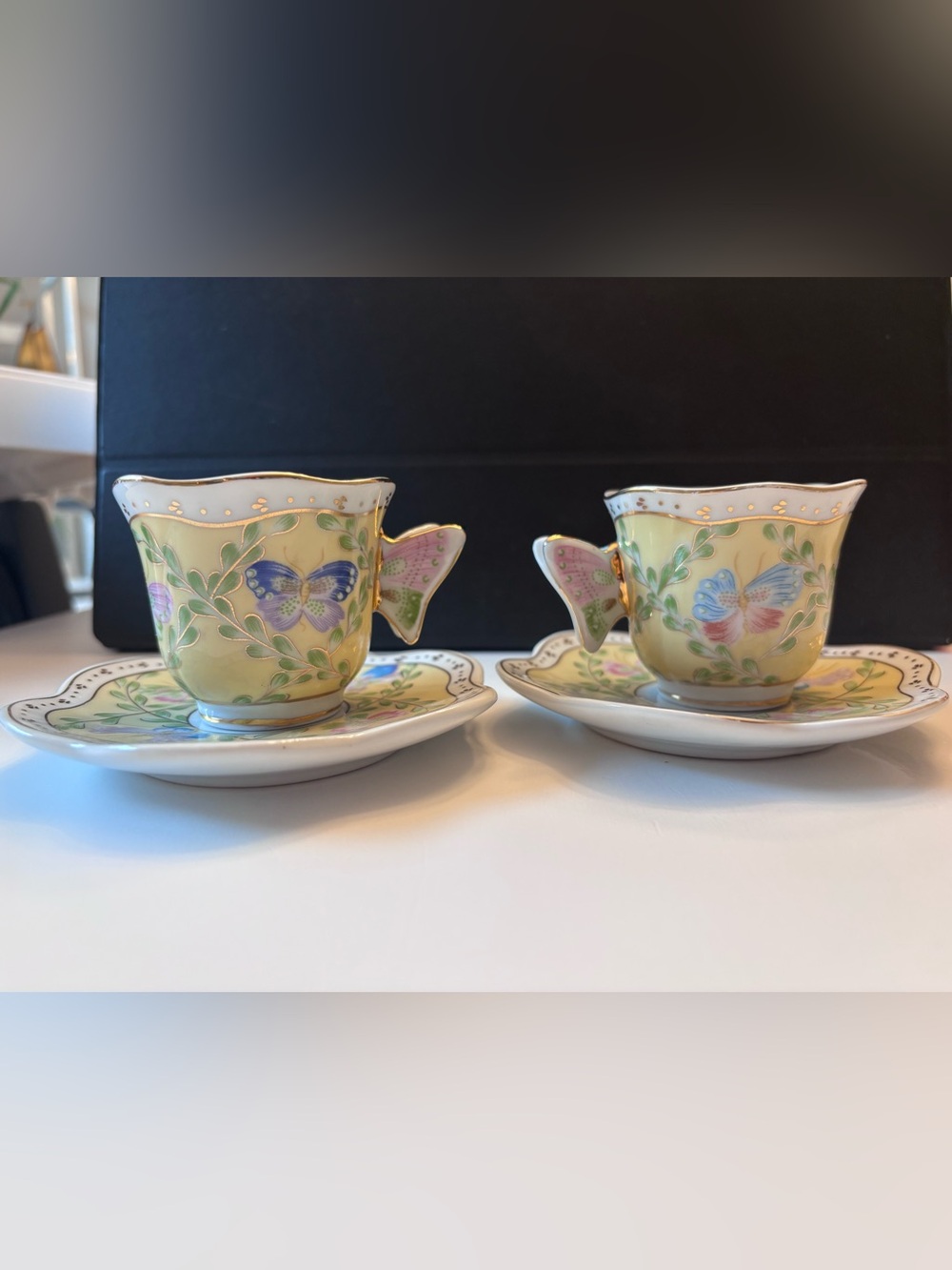 Butterfly Garden Porcelain Espresso Cup and Saucer Set in Yellow